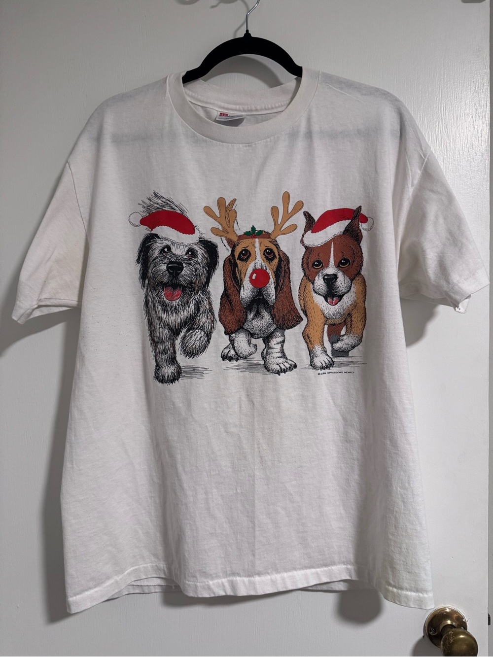 Vintage 1995 Hanes Christmas Dogs Double Sided Tee White Large Holiday Tshirt L